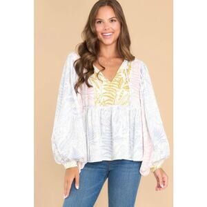 Aura peplumstyle linen blend ruffled boho floral blouse balloon sleeved medium